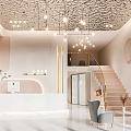 Modern Beauty Hair Salon Interior Design With Reception Desk Chandeliers Staircase And Plant Decor