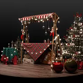 Festive Christmas Market Stall With Red White Striped Awning Lights Trees And Gifts