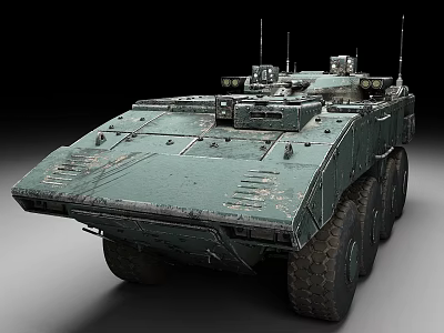 Military Armored Vehicle with Heavy Armor Large Tires and Antennas in Green Weathered Finish 3d model