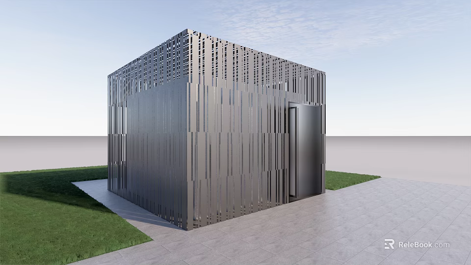Modern Cube Building With Perforated Metal Stripes On Grass Lawn And Gray Pavement 3d model 