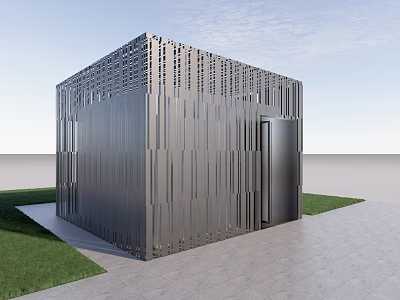 Modern Cube Building With Perforated Metal Stripes On Grass Lawn And Gray Pavement 3d model