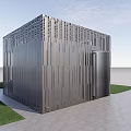 Modern Cube Building With Perforated Metal Stripes On Grass Lawn And Gray Pavement
