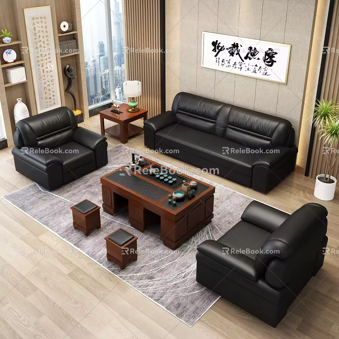 Middle Ancient Office Leisure Area Office Sofa Coffee Table Combination Reception Sofa Leisure Sofa Leather Sofa Kung Fu Coffee Table Side Table Coffee Table Tea Cooker 3d model