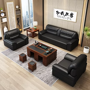 Middle Ancient Office Leisure Area Office Sofa Coffee Table Combination Reception Sofa Leisure Sofa Leather Sofa Kung Fu Coffee Table Side Table Coffee Table Tea Cooker 3d model