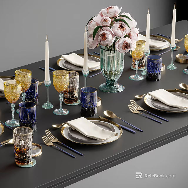 Elegant Dinnerware Set With Gold Rim Plates Colored Glasses Napkins Forks Spoons Vase And Candles 3d model 