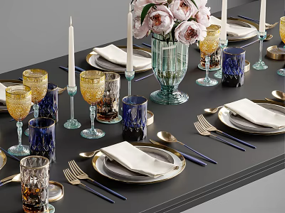 Elegant Dinnerware Set With Gold Rim Plates Colored Glasses Napkins Forks Spoons Vase And Candles 3d model