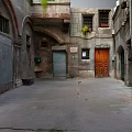 Modern Urban Alley Featuring Ancient Stone Architecture Wooden Door Archways And Balcony Plants