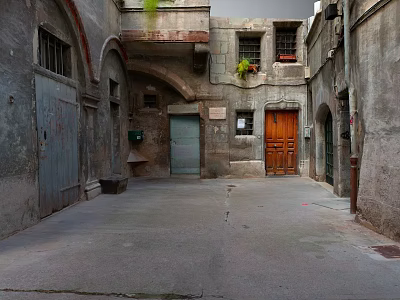 Modern Urban Alley Featuring Ancient Stone Architecture Wooden Door Archways And Balcony Plants 3d model