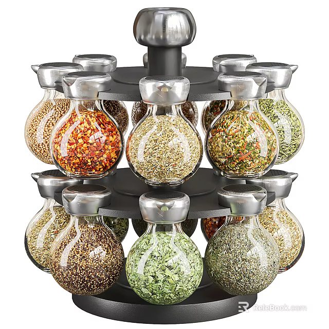 Spices In Glass Jars On Rotating Spice Rack 3d model