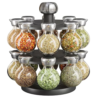 Spices In Glass Jars On Rotating Spice Rack 3d model