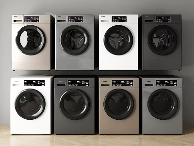 Modern Washing Machines in Different Colors and Styles Stacked in Multiple Rows 3d model