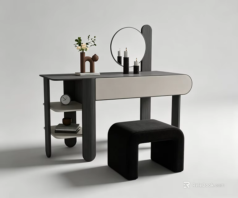 Modern Dressing Table with Round Mirror Candles Vase and Black Stool Light Top Design 3d model 