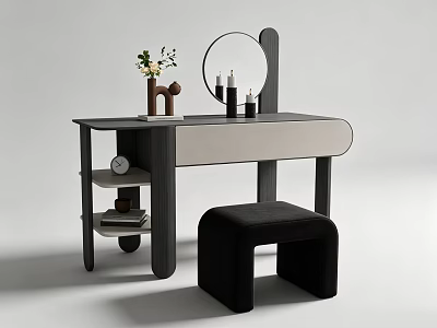 Modern Dressing Table with Round Mirror Candles Vase and Black Stool Light Top Design 3d model