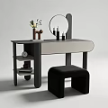 Modern Dressing Table with Round Mirror Candles Vase and Black Stool Light Top Design