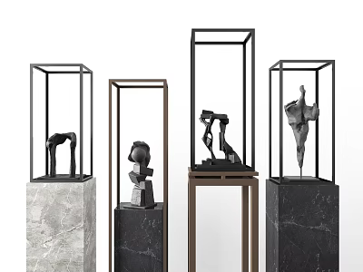 Modern Abstract Decorative Ornament Sculpture Set With Black Brown Frames And Marble Bases 3d model