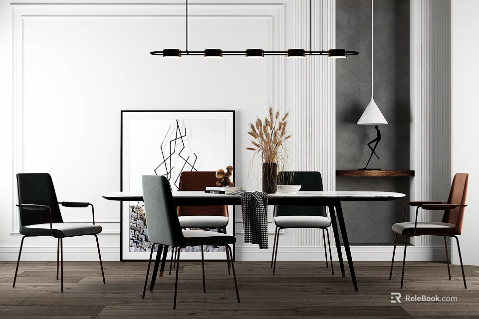 Modern Dining Table Set with Chairs Pendant Light Dried Grass and Wall Art 3d model