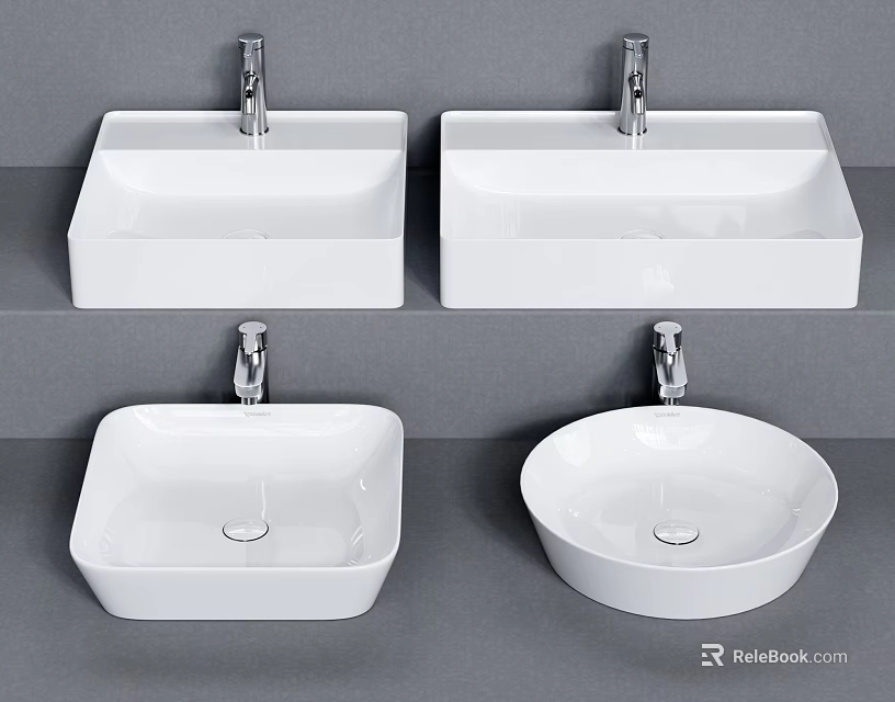 White Countertop Washbasins in Different Shapes with Chrome Faucets on Neutral Background 3d model 
