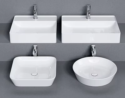 White Countertop Washbasins in Different Shapes with Chrome Faucets on Neutral Background 3d model