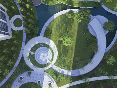 Residential Landscape With Circular Lawn Winding Paths Water Features And Lush Greenery 3d model