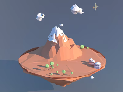 Cartoon Scene Floating Island With Snow Capped Mountain Small Trees Houses Clouds Airplane Low Poly 3d model