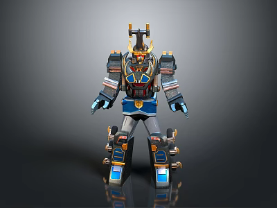 Detailed Robot Character With Mythical Creature Horns And Blue Red Accents In 3D Model Design 3d model