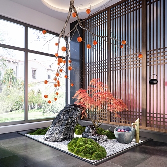 Modern indoor landscaping indoor landscaping suspended landscaping persimmon tree red maple moss gravel landscape stone water drop 3d model