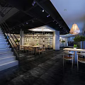 Modern Restaurant Interior With Wooden Tables Chairs Decorative Paintings And Hanging Lights