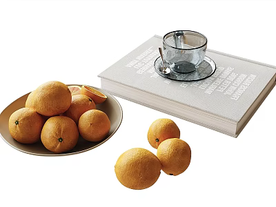 Elegant Decorative Ornament Combination With Oranges In Bowl Book Cup And Saucer 3d model