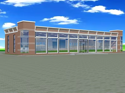 Modern Single Story Building With Large Glass Facade Brown Brick Walls And Open Plaza 3d model