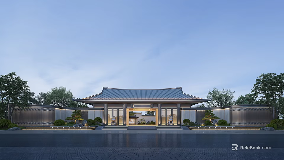 Chinese Style Residential Building With Traditional Roof Entrance And Green Plants Courtyard 3d model 