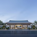 Chinese Style Residential Building With Traditional Roof Entrance And Green Plants Courtyard