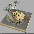 Tropical Island Model With Sand Beach Palm Trees Water Hut And Rocks
