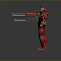 Two Characters In Black Bodysuit And Red Mech Suit With Red Weapon