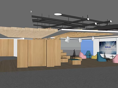 Modern Leisure Area With Wooden Partitions Pink Blue Sofas Ceiling Beams And Lighting Fixtures 3d model
