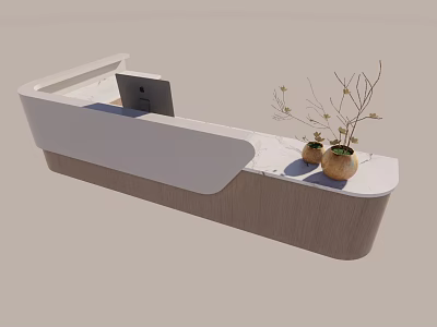 Modern Curved Reception Desk With White Surface Wooden Frame Computer Monitor And Potted Plants 3d model