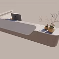 Modern Curved Reception Desk With White Surface Wooden Frame Computer Monitor And Potted Plants
