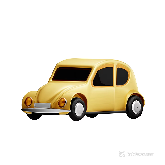 Yellow Small Car Cartoon Style With Rounded Design Black Windows And White Wheels 3d model 
