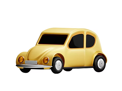 Yellow Small Car Cartoon Style With Rounded Design Black Windows And White Wheels 3d model