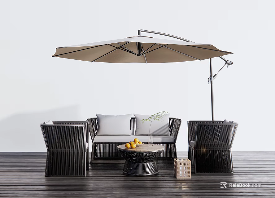 Outdoor Sofa with Chairs Table and Umbrella on Wooden Deck for Outdoor Relaxation 3d model 