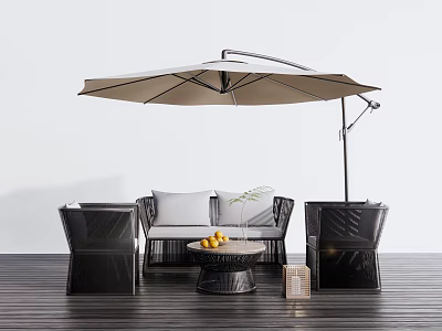 Outdoor Sofa with Chairs Table and Umbrella on Wooden Deck for Outdoor Relaxation 3d model