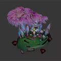 Cartoon Scene With Pink Purple Feathery Tree Green Grass And Blue Decorations On Red Supports