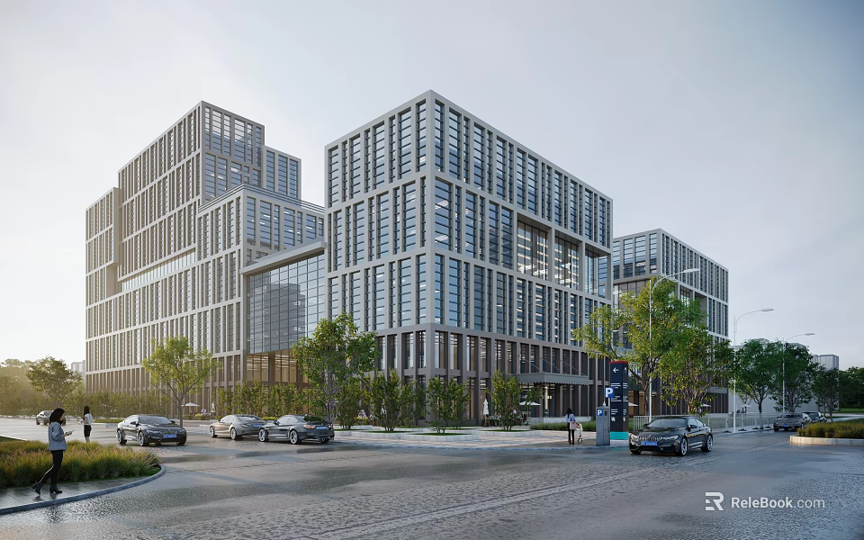 Modern Commercial Office Building with Glass Facade Multiple Floors Urban Street Trees and Parked Cars 3d model 