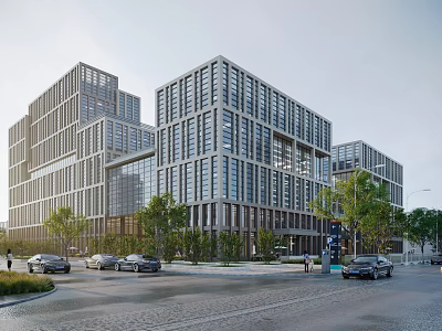 Modern Commercial Office Building with Glass Facade Multiple Floors Urban Street Trees and Parked Cars 3d model