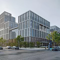 Modern Commercial Office Building with Glass Facade Multiple Floors Urban Street Trees and Parked Cars