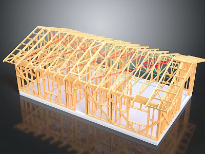 Building Wooden Frame Structure With Roof Truss Wall Framework And Internal Wires 3d model