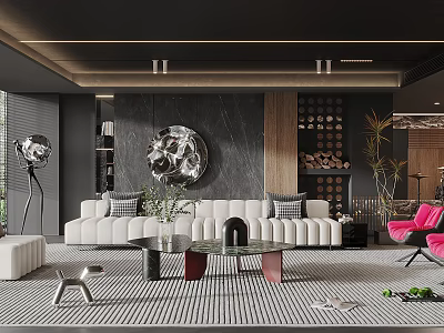 Modern Living Room Interior Design With White Sofa Coffee Table Artwork And Striped Rug 3d model