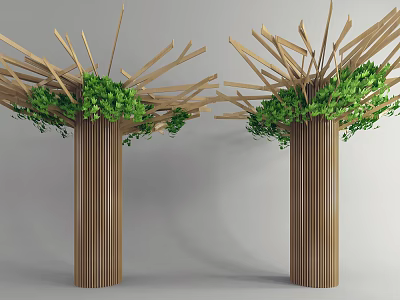 Wooden Striped Pillars With Branch Like Top Structure And Green Plants 3d model