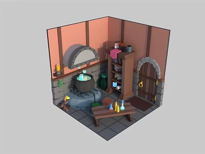 Cartoon Magic Laboratory Scene With Cauldron Blue Liquid Wooden Shelves Arched Door And Stone Floor 3d model