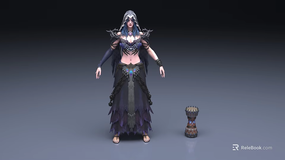 Fantasy Style Woman Character With Blue Hair Ornate Outfit Shoulder Armor And Decorative Staff 3d model 