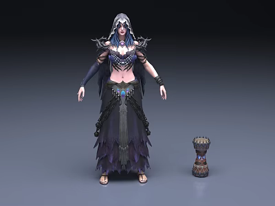 Fantasy Style Woman Character With Blue Hair Ornate Outfit Shoulder Armor And Decorative Staff 3d model